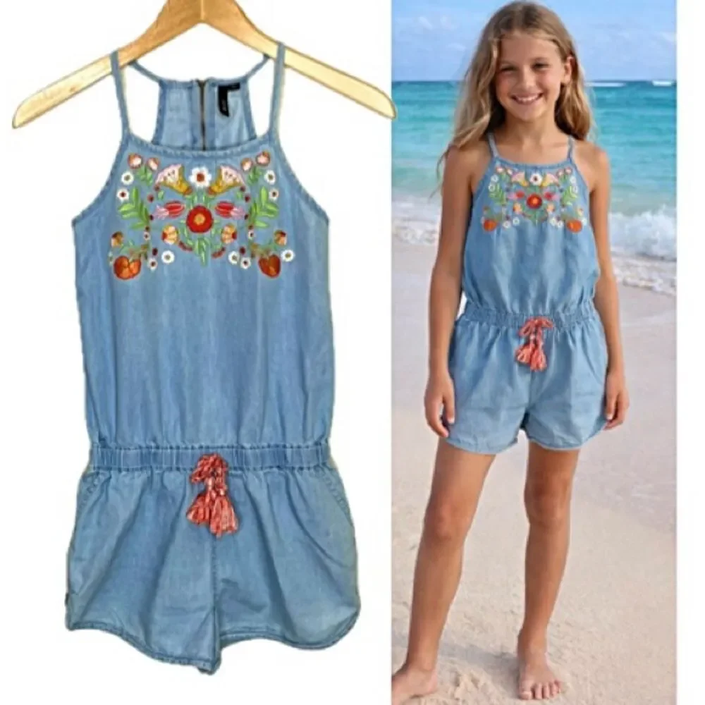 JOE'S Kids Chambray Tencel Denim Floral Embroidered Tank Romper Girls Size 10